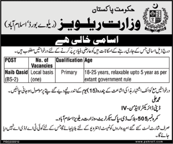 Ministry of Railways Pakistan Job 2013 for Naib Qasid