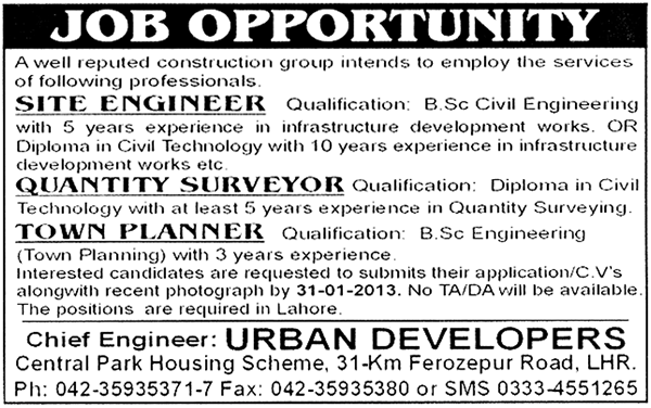 Urban Developers Lahore Jobs for Site Engineer, Town Planner & Quantity Surveyor