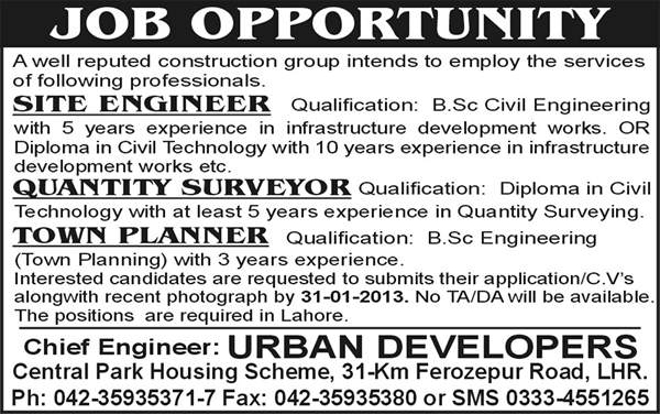 Urban Developers Needs Site Engineer, Quantity Surveyor & Town Planner