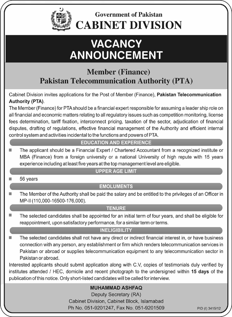 Member Finance Vacancy at PTA 2013 by Cabinet Division