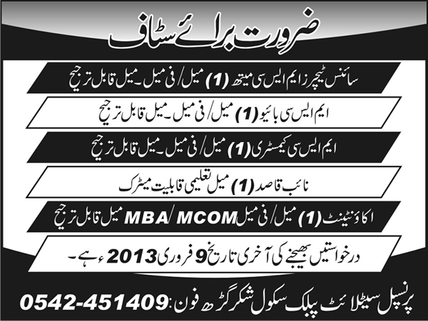 Satellite Public School Shakargarh Jobs 2013 for Teachers & Staff