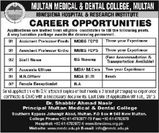 Multan Medical & Dental College Jobs 2013 for Faculty & Staff