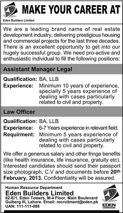 Eden Builders Limited Lahore Needs Legal / Law Staff