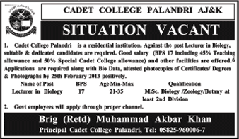 Biology Lecturer Vacancy at Cadet College Palandri AJK Latest Advertisement