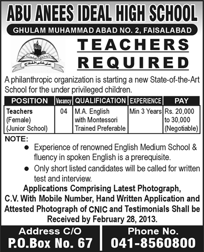 Female Teachers Jobs in Faisalabad 2013 at Abu Anees Ideal High School