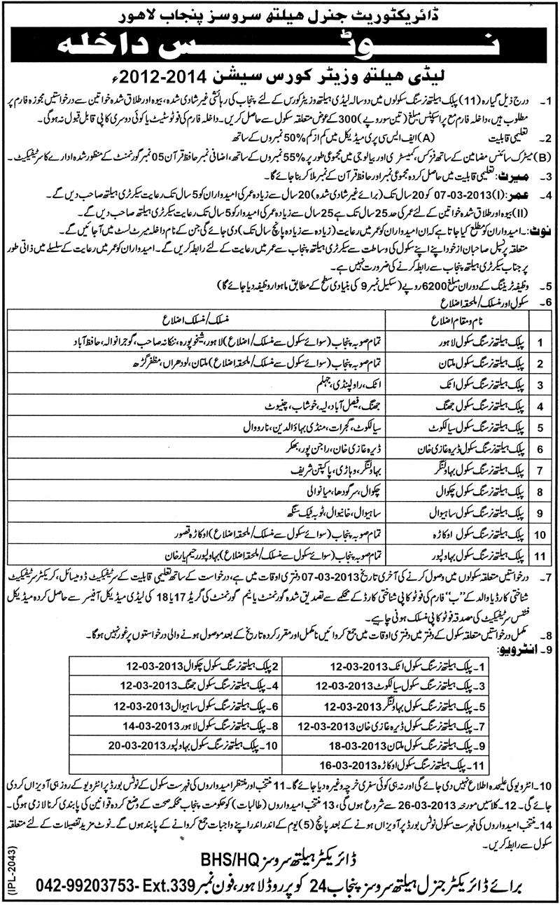 Lady Health Visitors (LHV) Training Course 2013 in Punjab Pakistan Session 2012-2014