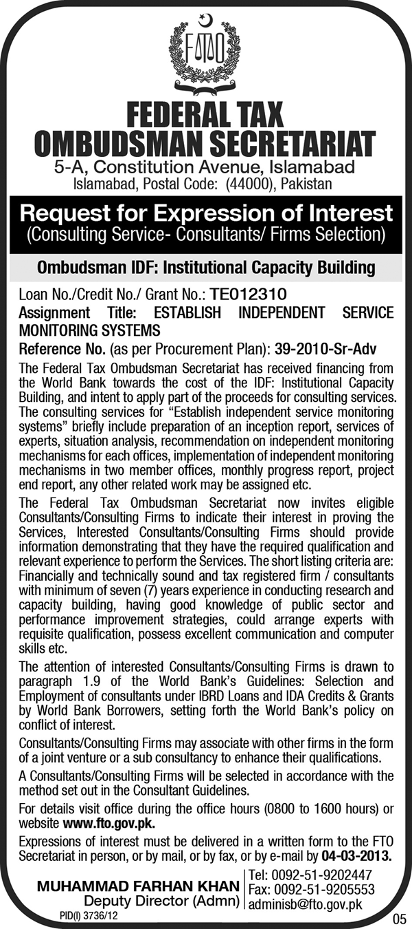 Consultant for Establishing Independent Service Monitoring Systems is Required at FTO Secretariat