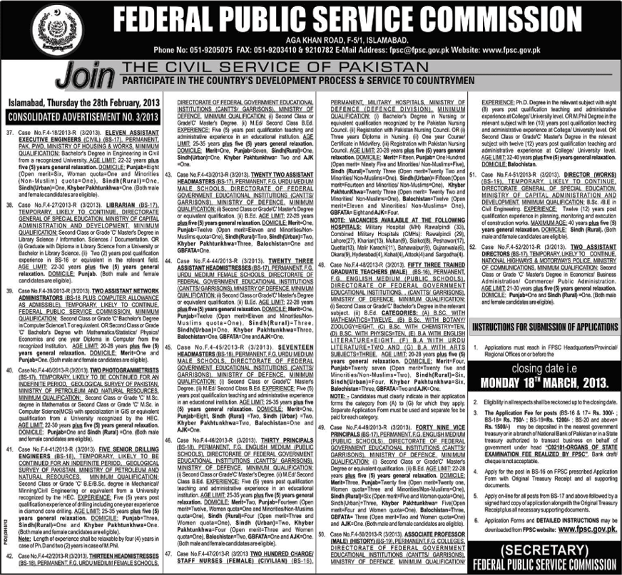 New FPSC Jobs March 2013