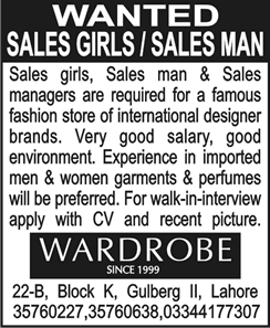 Salesgirls, Salesman & Sales Manager Jobs at Wardrobe