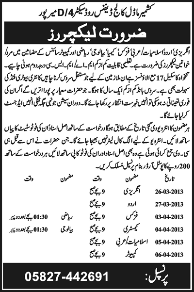 Lecturers Jobs at Kashmir Model College, Mirpur