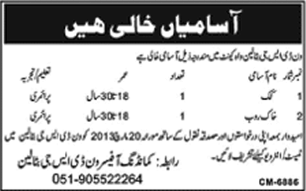 Cook & Khakroob Jobs at One DSG Battalion Wah Cantt.