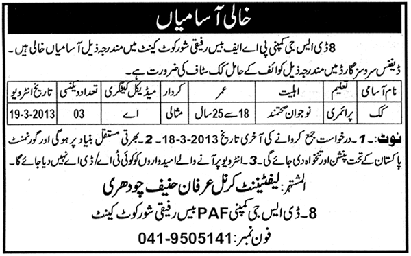 Cook Job in Shorkot Cantt 2013 at 8 DSG Company PAF Base Rafiqui