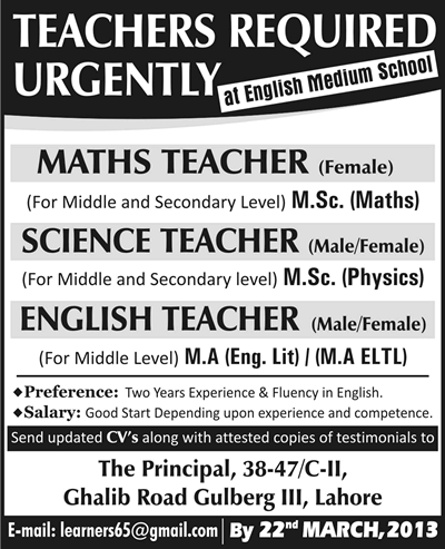 Teachers Jobs at an English Medium School