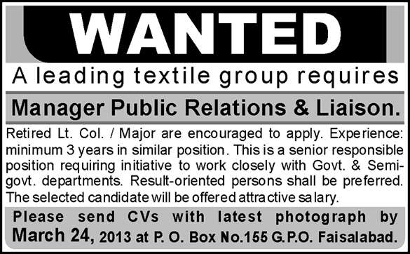 Manager Public Relations & Liaison Job in a Textile Group PO Box No 155 GPO Faisalabad