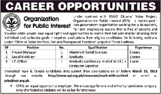 Organization for Public Interest (OPI) Jobs for Project Manager, Social Mobilizer & IT Officer