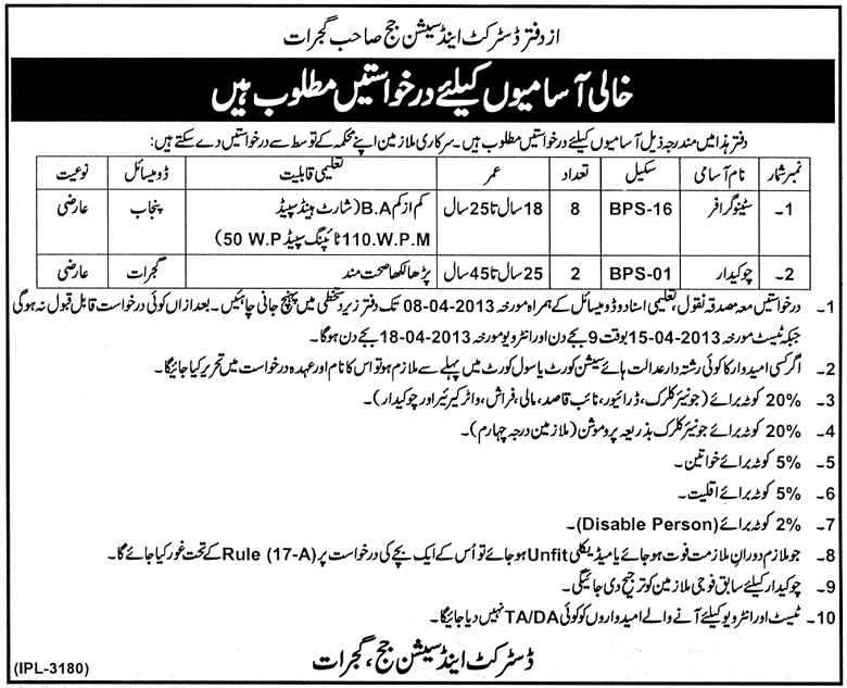 Stenographers & Chowkidar Jobs at Office of District & Session Judge Gujrat
