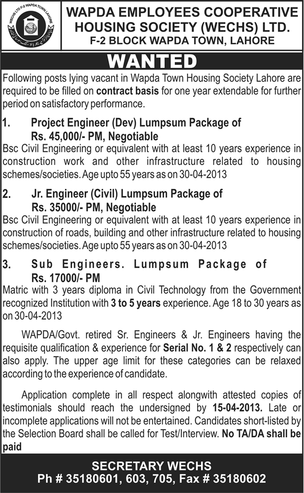 Civil Engineering Jobs in Lahore 2013 at WAPDA Employees Cooperative Housing Society (WECHS)