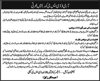 Jobs in Pakistan Army DSG Core 2013 for Sipahi & Clerk