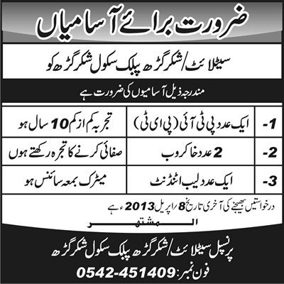 Satellite / Shakargarh Public School Jobs 2013 PTI / PET , Lab Attendant & Khakroob