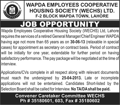 WAPDA Employees Cooperative Housing Society (WECHS) Lahore Job 2013 Retired GM / Chief Engineer of WAPDA as Secretary