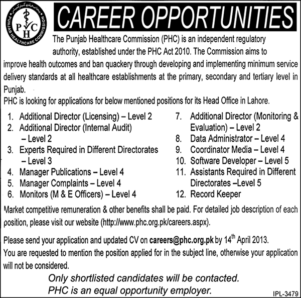 Punjab Healthcare Commission Jobs 2013 April PHC Latest Advertisement