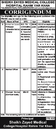 Sheikh Zayed Medical College / Hospital Rahim Yar Khan Jobs 2013 May - Corrigendum