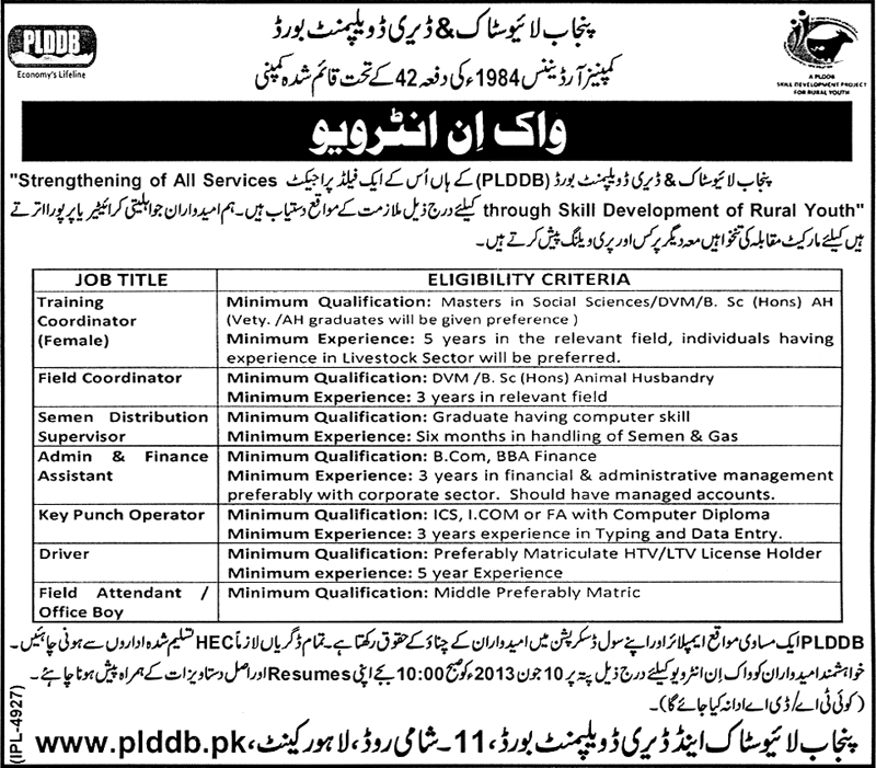 PLDDB.PK Jobs 2013 Punjab Livestock & Dairy Development Board Walk in Interview Schedule / Date