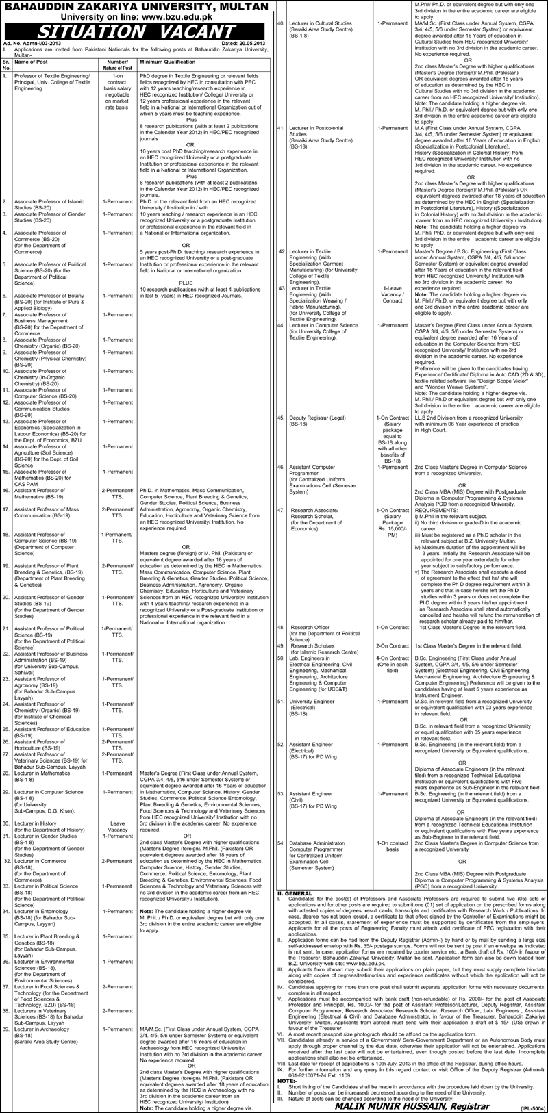 BZU Multan Jobs 2013 May Latest Advertisement Teaching Faculty & Other Staff