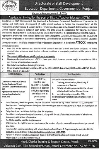 Directorate of Staff Development Punjab Jobs 2013 for Employees of Education Departments as DTE / DTEs