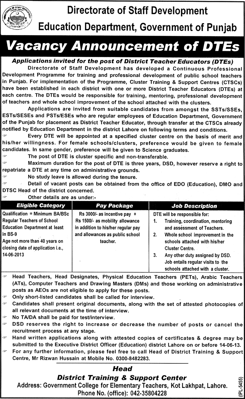 Education Department Punjab Jobs 2013 June for District Teacher Educator (DTE) in District Lahore