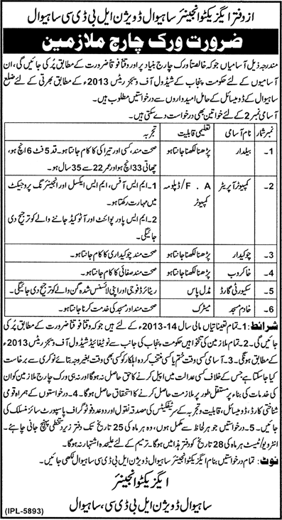 Jobs in Sahiwal Division Lower Bari Doab Canal (LBDC) 2013 June