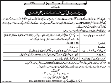 Army Public School & College (APS&C) Bahawalpur Cantt Job for Principal 2013 June