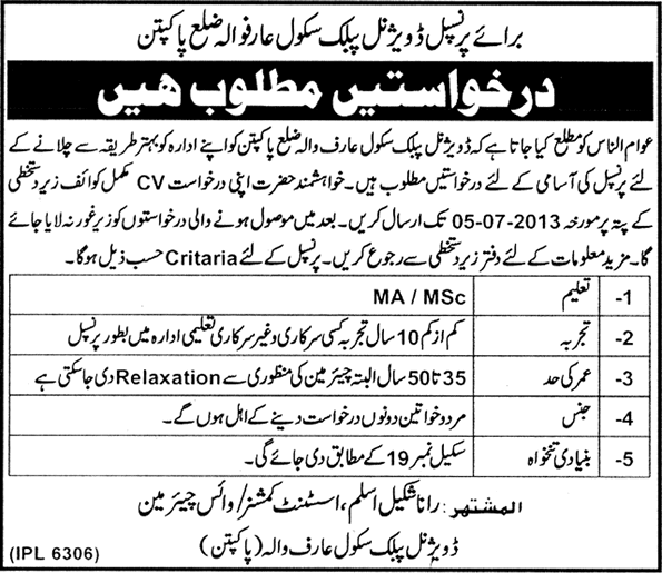 Divisional Public School Arifwala Jobs 2013 for Principal