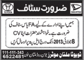 Toyota Multan Motors Jobs 2013 July Latest Advertisement