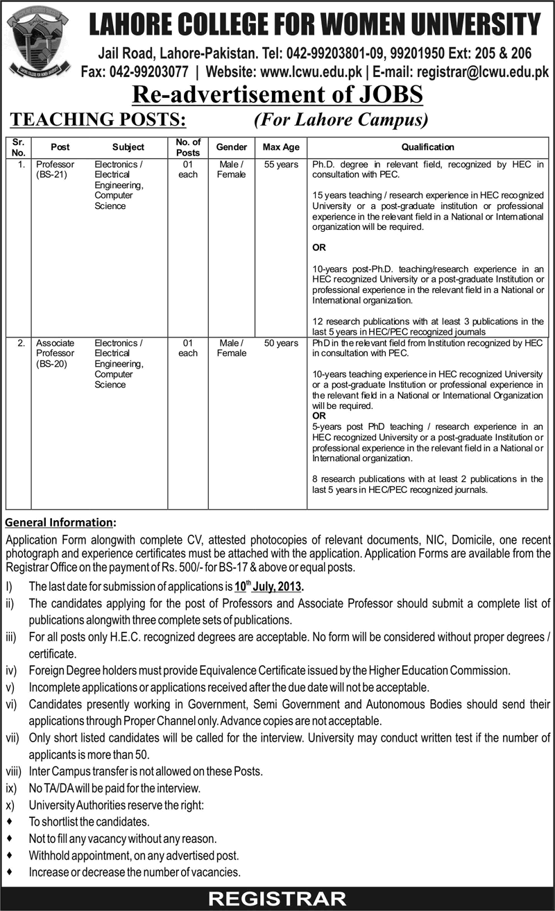 Lahore College for Women University Jobs 2013 July LCWU for Faculty - Professor & Associate Professor