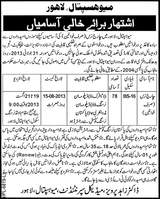 Mayo Hospital Lahore Jobs 2013 July Charge Nurse (Female) Latest