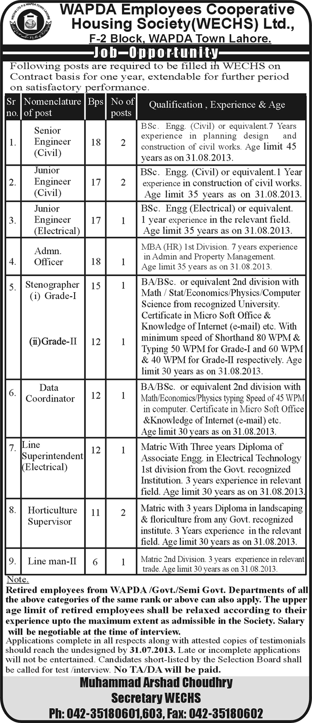 WECHS Lahore Jobs 2013 July WAPDA Employees Cooperative Housing Society WAPDA Town