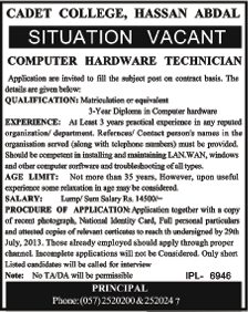 Computer Hardware Technician Jobs in Cadet College Hasan Abdal 2013 July