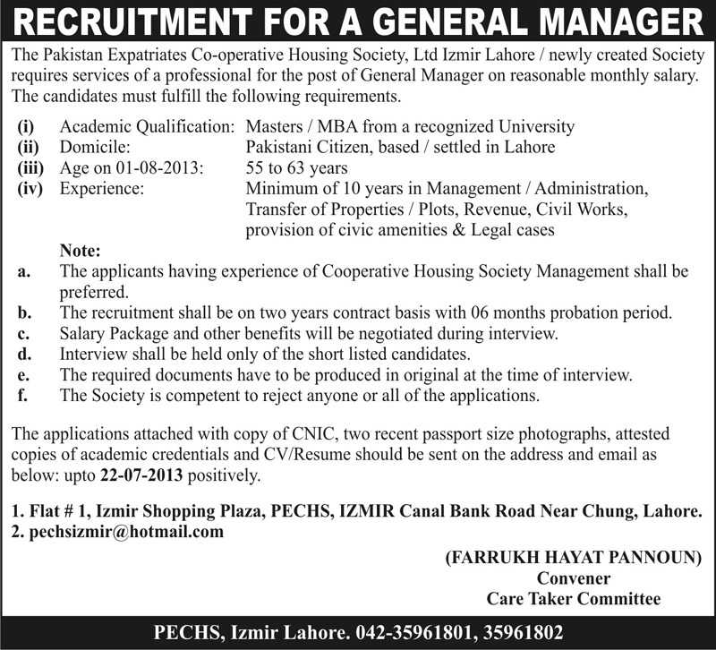 General Manager Jobs in Lahore 2013 July at PECHS Izmir Town - The Pakistan Expatriates Cooperative Housing Society Limited
