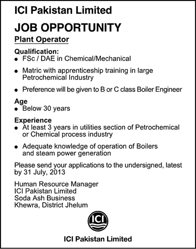 ICI Pakistan Jobs 2013 July Plant Operator