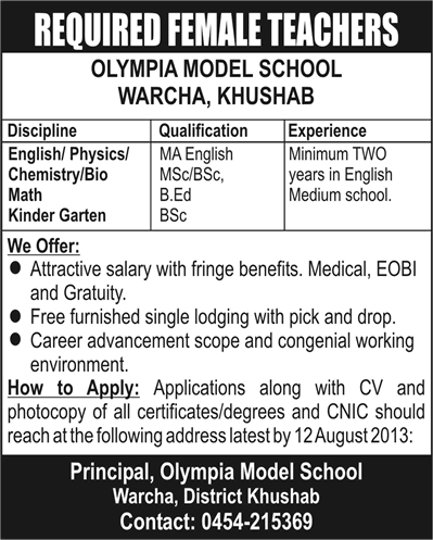 Female Teaching Jobs in Khushab 2013 July / August at Olympia Model School Warcha