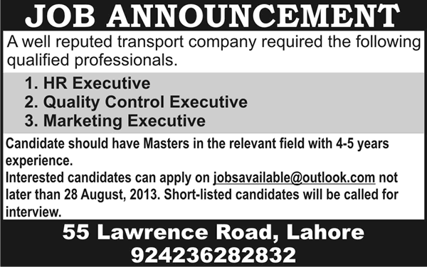 HR, Quality Control & Marketing Executive Jobs in Lahore 2013 August Latest at a Transport Company