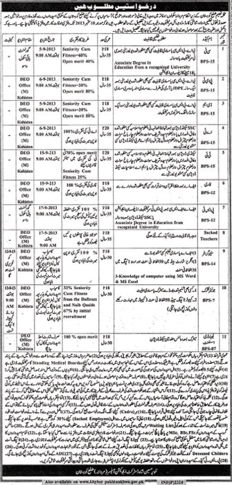 Education Department Kohistan Jobs 2013 August Latest School Teachers, Stenographers, Clerks & Lab Assistants