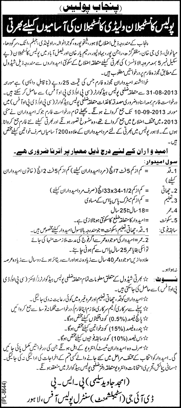 Constable Jobs in Punjab Police 2013 September Pakistan Latest Advertisement