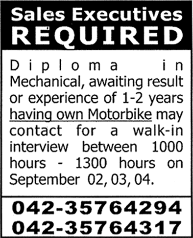 Sales Executive Jobs in Lahore 2013 September for Mechanical Engineer (Diploma Holder) Latest