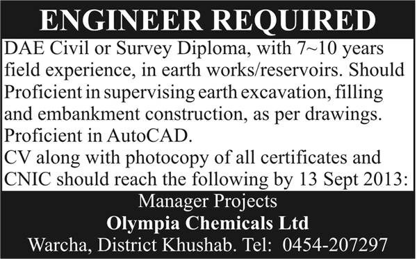 Olympia Chemicals Jobs 2013 September DAE Civil Engineering Technology or Survey Diploma