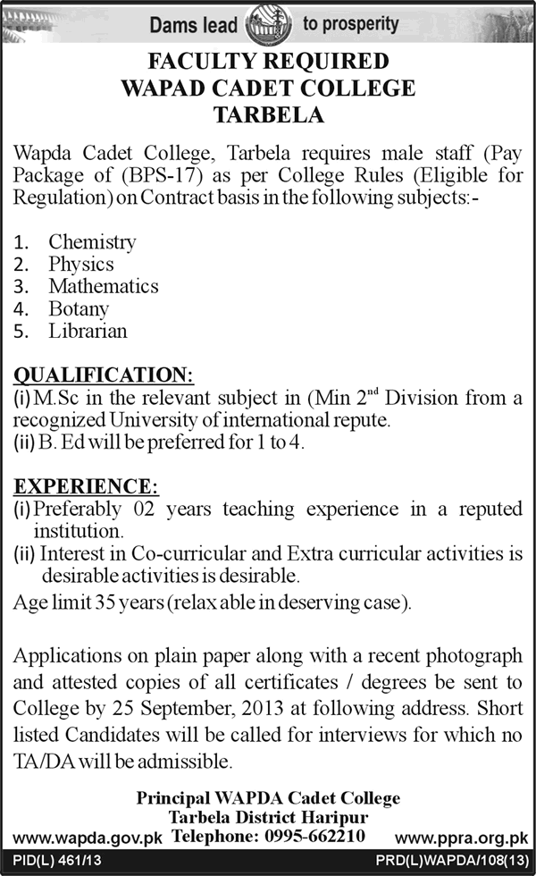 WAPDA Cadet College Tarbela Jobs 2013 Faculty / Teachers & Librarian