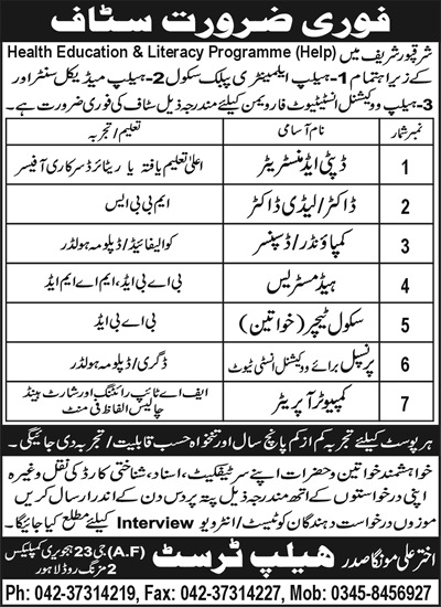 Jobs in Sharaqpur Sharif 2013 September HELP Medical Center / School / Vocational Institute Staff