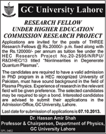 Research Fellow Jobs in Lahore 2013 September at GC University under Higher Education Commission Research Project