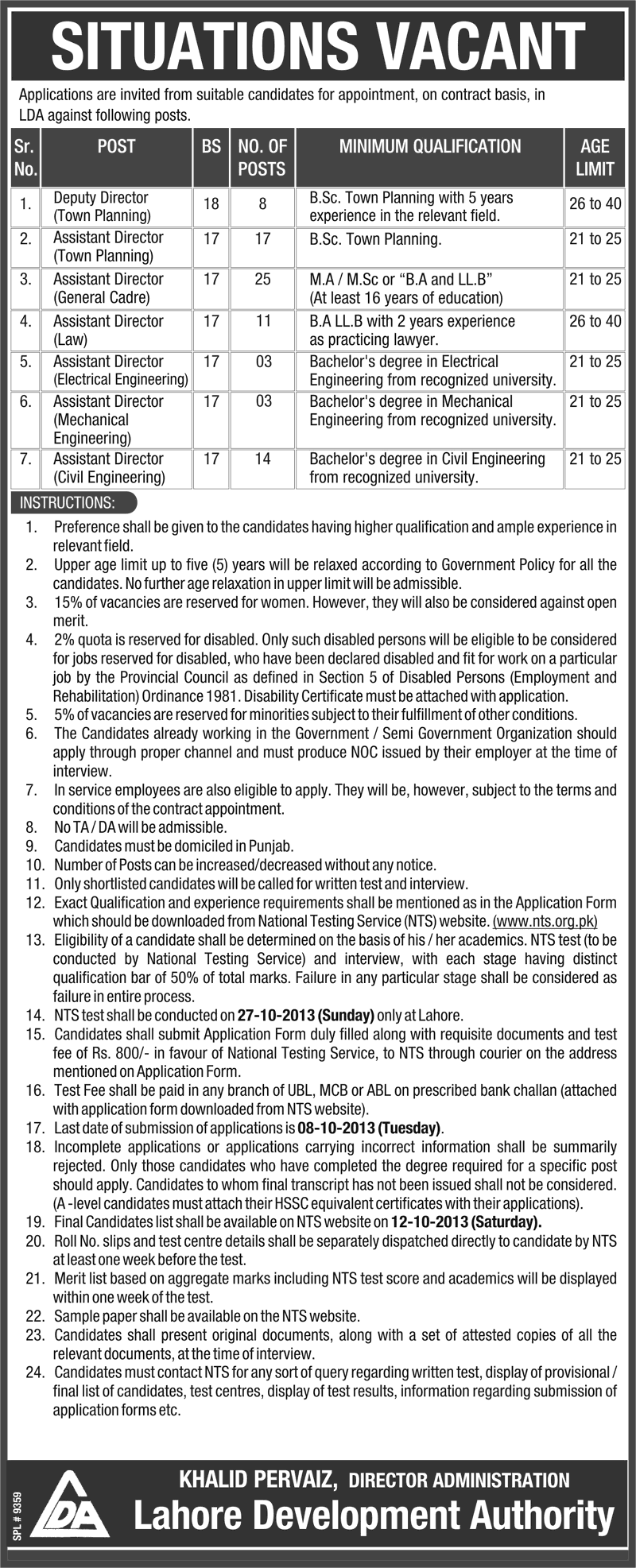 Lahore Development Authority (LDA) Jobs 2013 September for Deputy / Assistant Directors Application Form Download